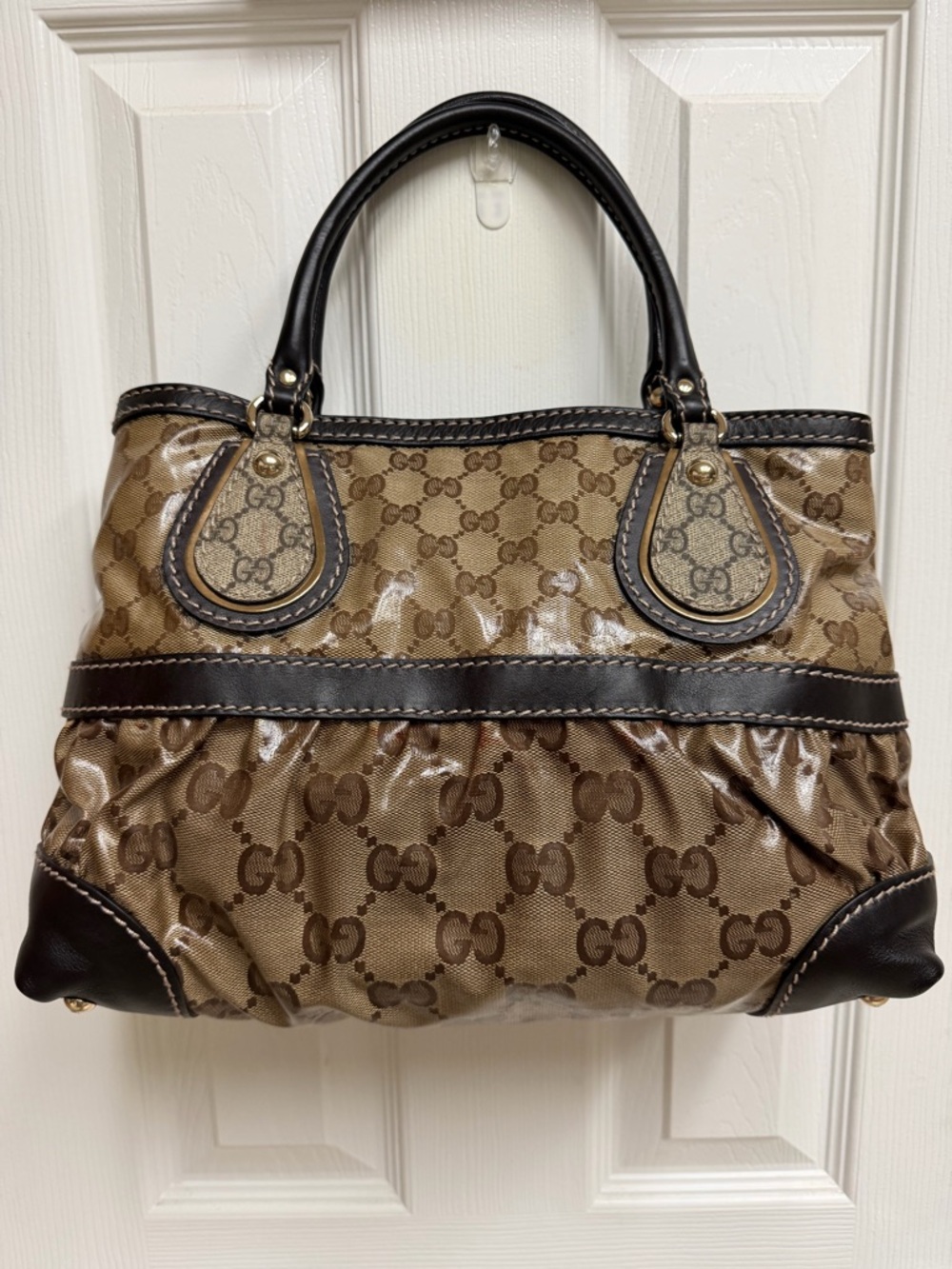 Gucci Tan Brown GG Canvas Tote with Dark Brown Leather Trim